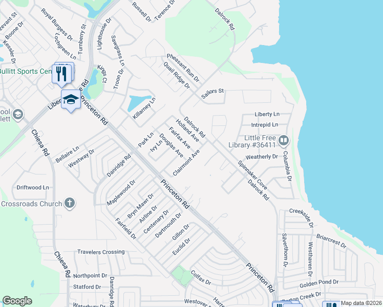 map of restaurants, bars, coffee shops, grocery stores, and more near 8406 Fairfax Avenue in Rowlett