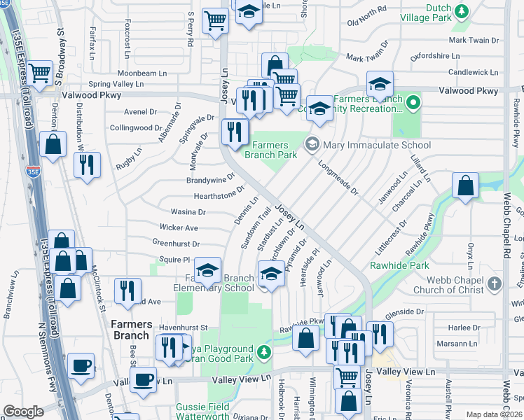 map of restaurants, bars, coffee shops, grocery stores, and more near 13847 Sundown Trail in Farmers Branch
