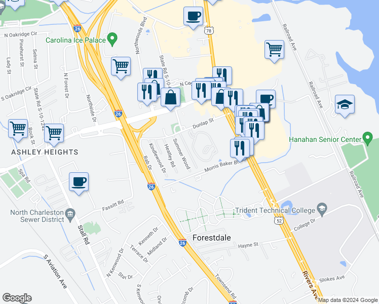 map of restaurants, bars, coffee shops, grocery stores, and more near 2200 Dunlap Street in Charleston