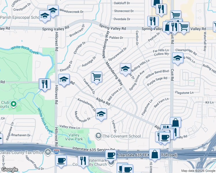 map of restaurants, bars, coffee shops, grocery stores, and more near 13407 Rolling Hills Lane in Dallas