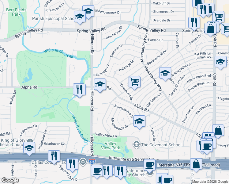 map of restaurants, bars, coffee shops, grocery stores, and more near 7027 Alpha Road in Dallas