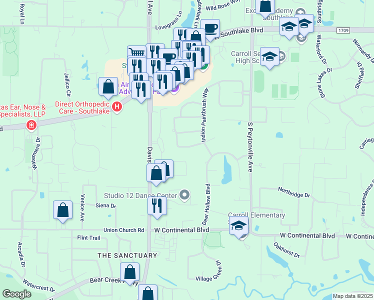 map of restaurants, bars, coffee shops, grocery stores, and more near 1917 White Oak Clearing in Southlake
