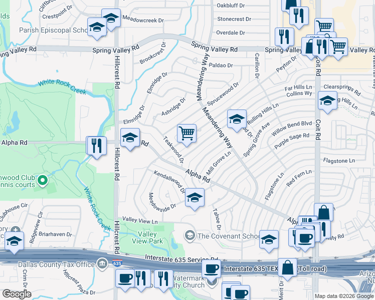 map of restaurants, bars, coffee shops, grocery stores, and more near 13517 Far Hills Lane in Dallas