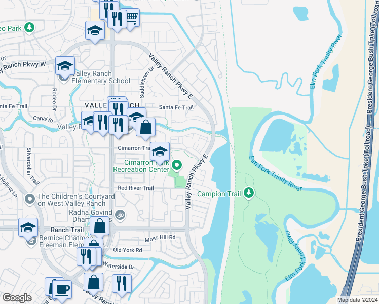map of restaurants, bars, coffee shops, grocery stores, and more near 147 Cimarron Trail in Irving