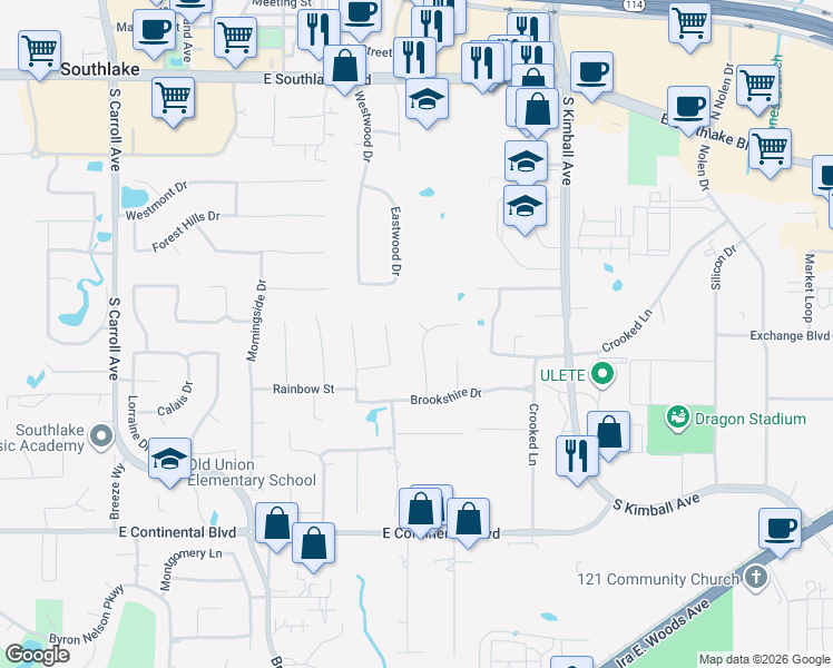 map of restaurants, bars, coffee shops, grocery stores, and more near 2704 Montfort Court in Southlake