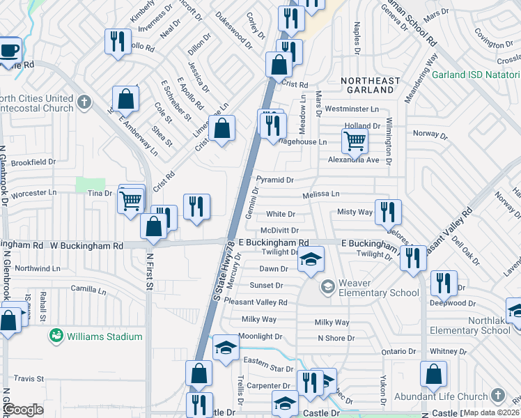 map of restaurants, bars, coffee shops, grocery stores, and more near 601 White Drive in Garland