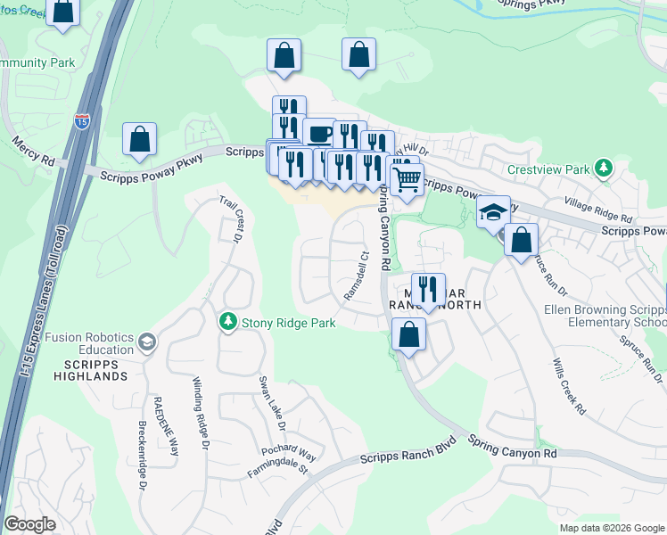 map of restaurants, bars, coffee shops, grocery stores, and more near 10651 Eglantine Court in San Diego