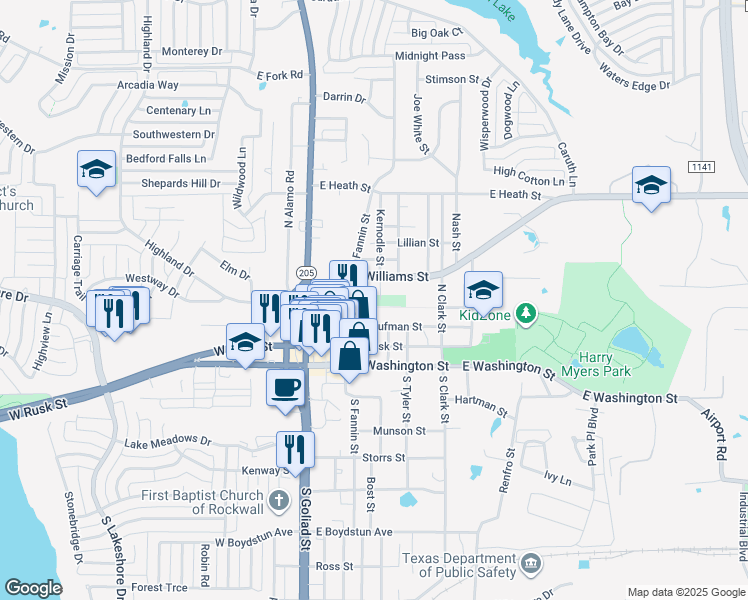 map of restaurants, bars, coffee shops, grocery stores, and more near 407 Kernodle Street in Rockwall