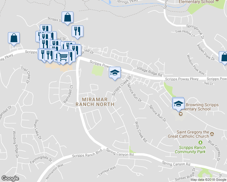 map of restaurants, bars, coffee shops, grocery stores, and more near 11044 Poinsett Road in San Diego