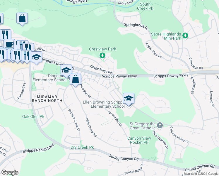 map of restaurants, bars, coffee shops, grocery stores, and more near 11892 Cypress Canyon Road in San Diego