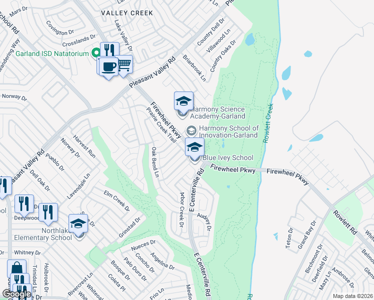 map of restaurants, bars, coffee shops, grocery stores, and more near 1910 Prairie Creek Trail in Garland