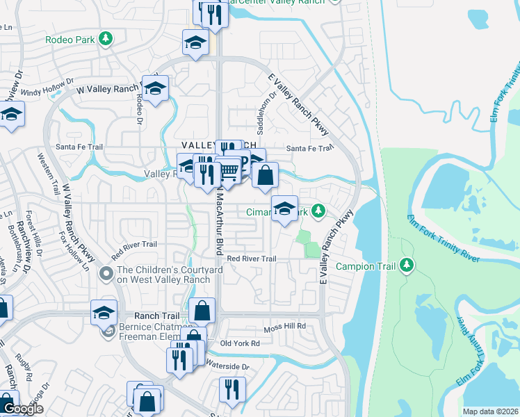 map of restaurants, bars, coffee shops, grocery stores, and more near 301 Sheridan Trail in Irving