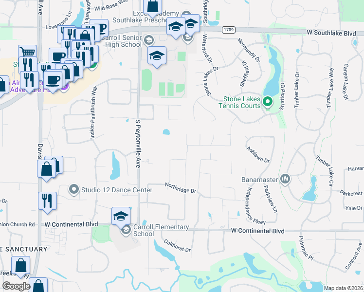 map of restaurants, bars, coffee shops, grocery stores, and more near 1433 Dartmouth Drive in Southlake