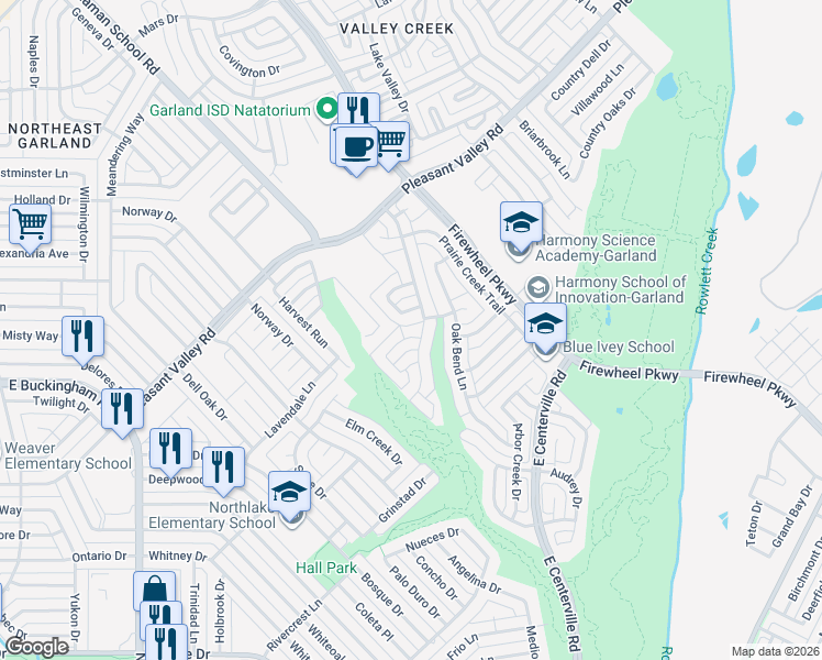 map of restaurants, bars, coffee shops, grocery stores, and more near 2065 Oakglen Drive in Garland
