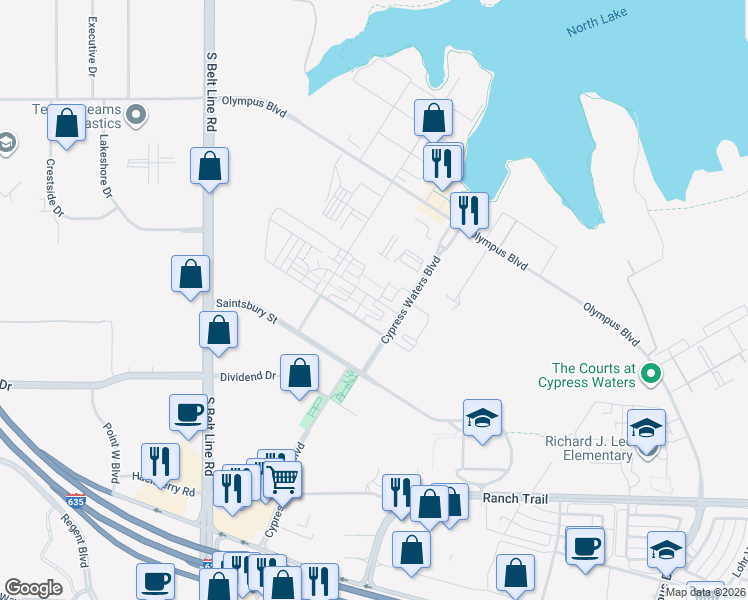 map of restaurants, bars, coffee shops, grocery stores, and more near 112 Santa Monica Street in Irving