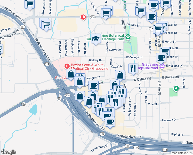 map of restaurants, bars, coffee shops, grocery stores, and more near 1235 West Hudgins Street in Grapevine