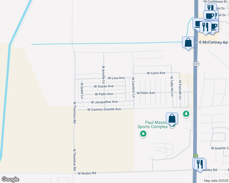 map of restaurants, bars, coffee shops, grocery stores, and more near 18702 West Palm Avenue in Casa Grande