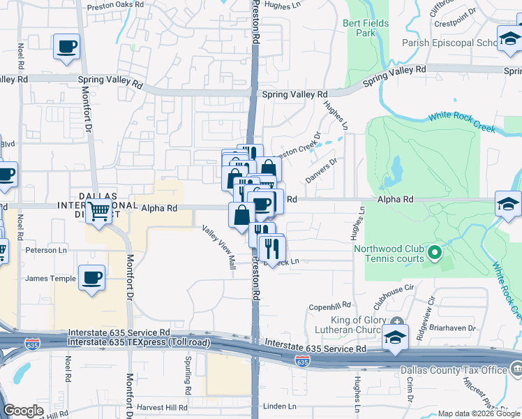 map of restaurants, bars, coffee shops, grocery stores, and more near 13556 Preston Road in Dallas