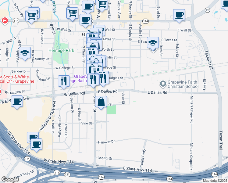 map of restaurants, bars, coffee shops, grocery stores, and more near 308 East Dallas Road in Grapevine