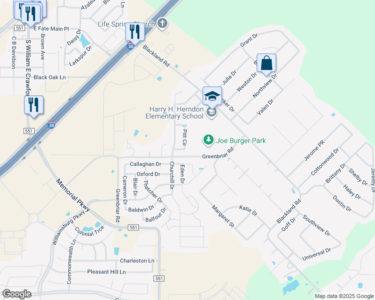 map of restaurants, bars, coffee shops, grocery stores, and more near 229 Pitt Circle in Fate