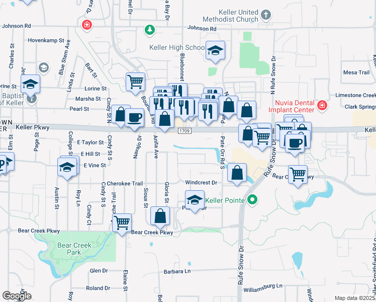 map of restaurants, bars, coffee shops, grocery stores, and more near 732 East Hill Street in Keller