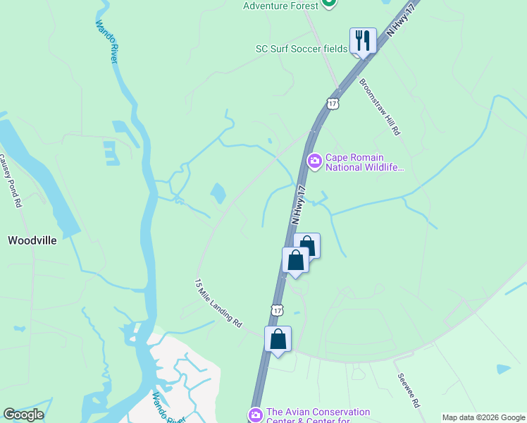 map of restaurants, bars, coffee shops, grocery stores, and more near 1310 15 Mile Landing Road in Awendaw