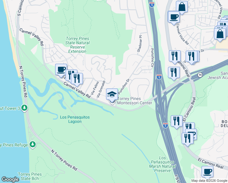 map of restaurants, bars, coffee shops, grocery stores, and more near 12815 Via Nestore in Del Mar