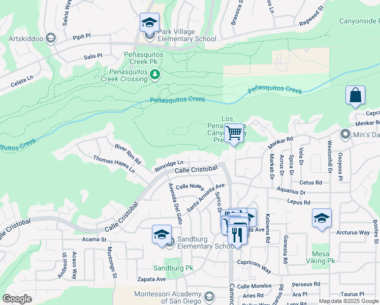 map of restaurants, bars, coffee shops, grocery stores, and more near 11595 Lorirae Place in San Diego
