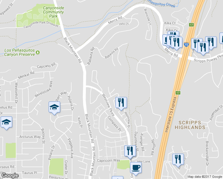 map of restaurants, bars, coffee shops, grocery stores, and more near 9484 Questa Pointe in San Diego