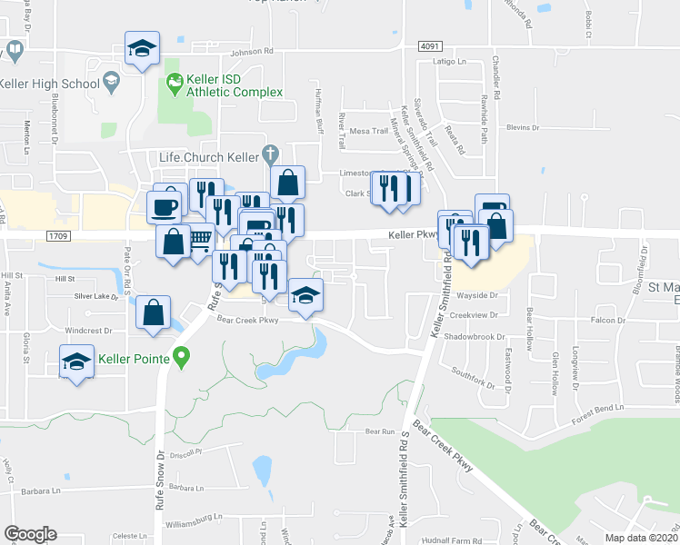 map of restaurants, bars, coffee shops, grocery stores, and more near 1209 Crockett Street in Keller
