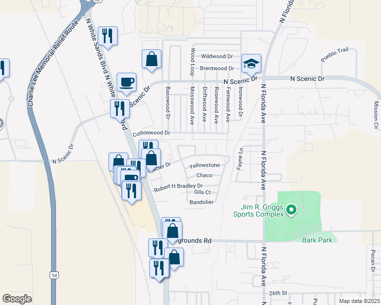 map of restaurants, bars, coffee shops, grocery stores, and more near 325 Glacier Drive in Alamogordo