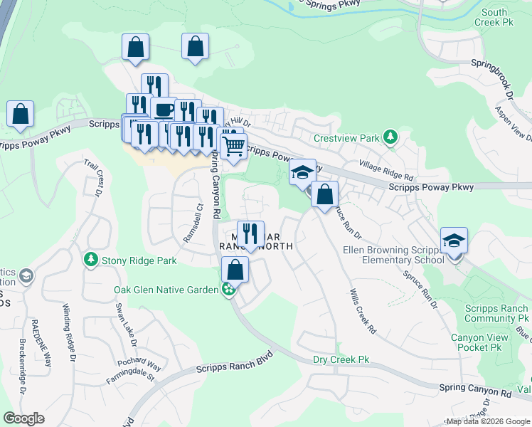 map of restaurants, bars, coffee shops, grocery stores, and more near 11742 Petenwell Road in San Diego