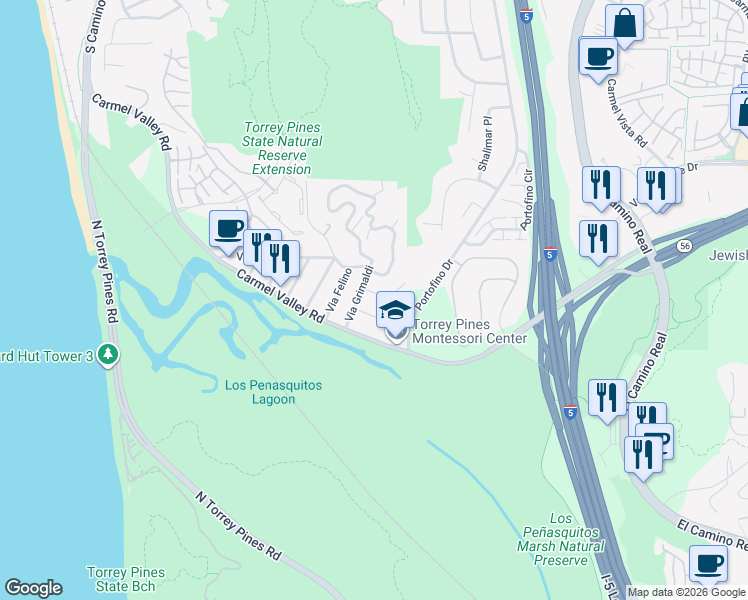 map of restaurants, bars, coffee shops, grocery stores, and more near 2526 Via Pisa in Del Mar
