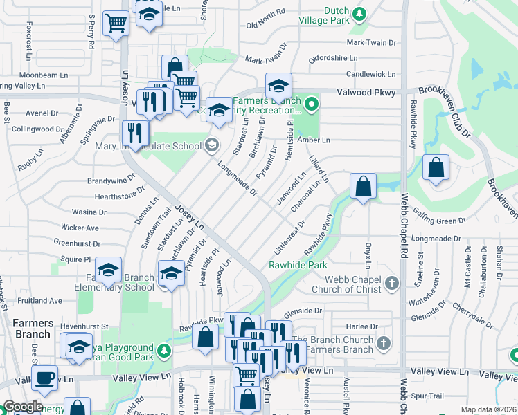 map of restaurants, bars, coffee shops, grocery stores, and more near 13665 Janwood Lane in Farmers Branch
