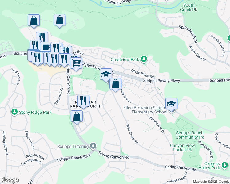 map of restaurants, bars, coffee shops, grocery stores, and more near 11805 Wills Creek Road in San Diego