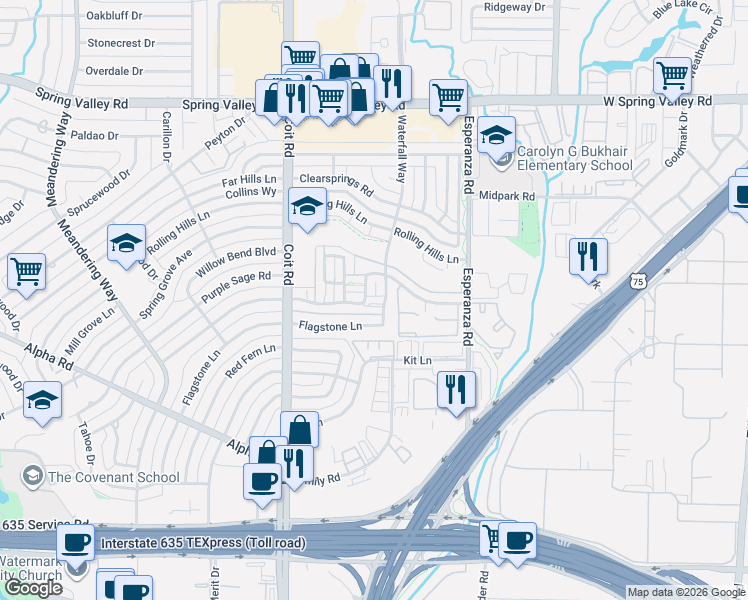 map of restaurants, bars, coffee shops, grocery stores, and more near 13834 Methuen Green Drive in Dallas