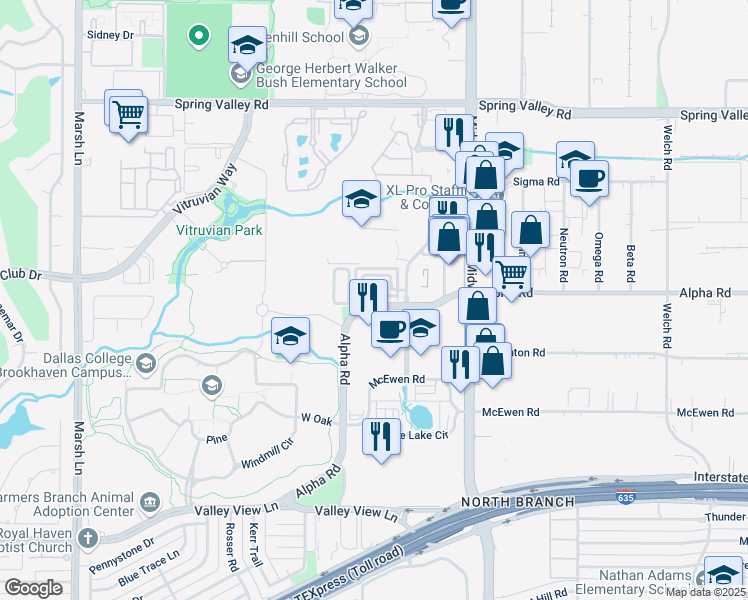map of restaurants, bars, coffee shops, grocery stores, and more near 4041 Alpha Road in Farmers Branch