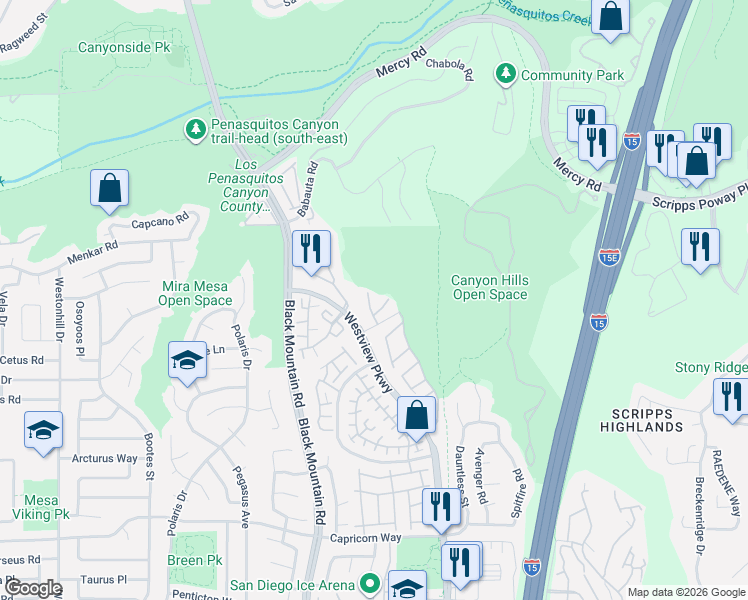 map of restaurants, bars, coffee shops, grocery stores, and more near 9484 Questa Pointe in San Diego