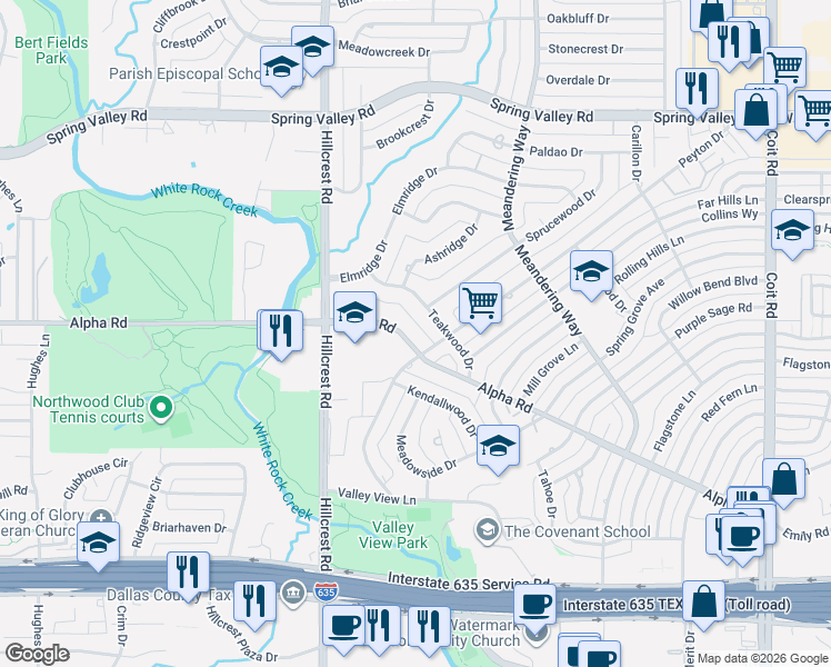 map of restaurants, bars, coffee shops, grocery stores, and more near 7027 Alpha Road in Dallas