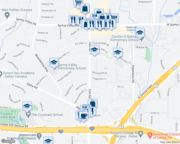 map of restaurants, bars, coffee shops, grocery stores, and more near Coit Rd & Brookgreen Dr in Dallas