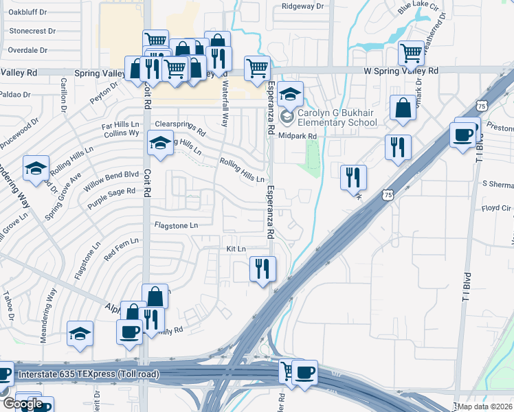 map of restaurants, bars, coffee shops, grocery stores, and more near 14023 Brookgreen Drive in Dallas