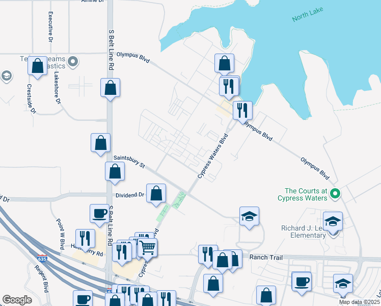 map of restaurants, bars, coffee shops, grocery stores, and more near 112 Santa Monica Street in Irving