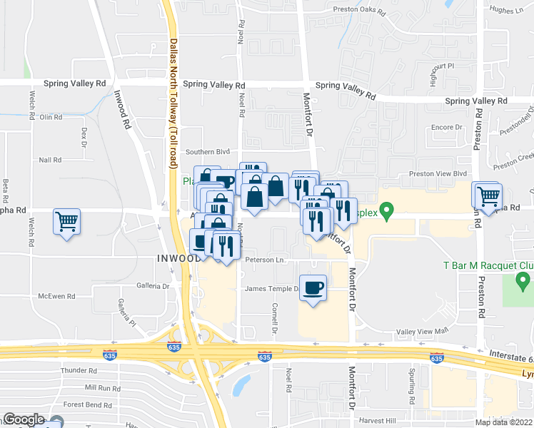 map of restaurants, bars, coffee shops, grocery stores, and more near Alpha Rd & City View in Dallas