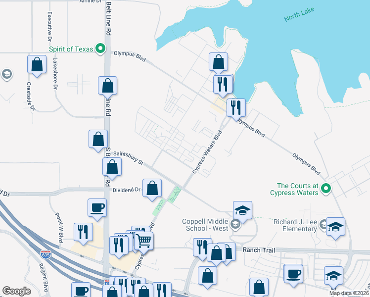 map of restaurants, bars, coffee shops, grocery stores, and more near 112 Santa Monica Street in Irving