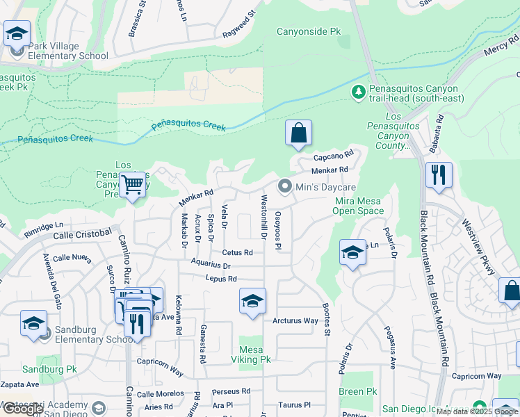 map of restaurants, bars, coffee shops, grocery stores, and more near 11430 Westonhill Drive in San Diego