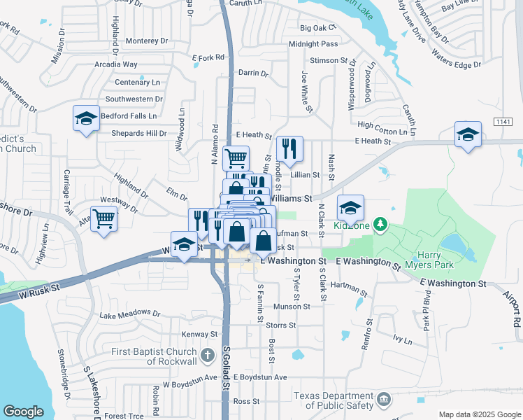 map of restaurants, bars, coffee shops, grocery stores, and more near 407 Kernodle Street in Rockwall
