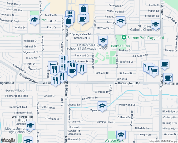map of restaurants, bars, coffee shops, grocery stores, and more near 1516 Richland Drive in Richardson