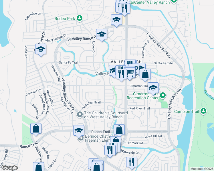 map of restaurants, bars, coffee shops, grocery stores, and more near 681 Cimarron Trail in Irving