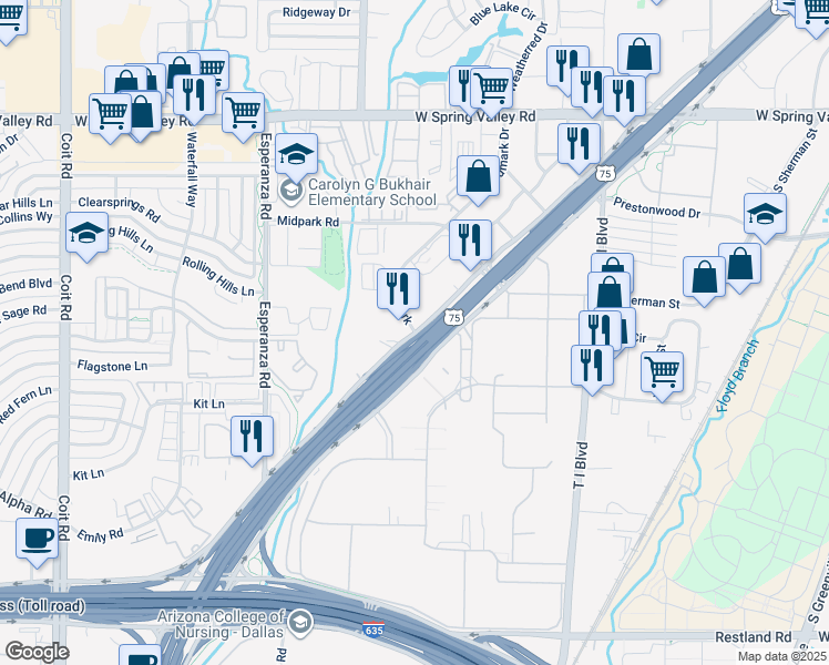 map of restaurants, bars, coffee shops, grocery stores, and more near 13195 Goldmark in Dallas