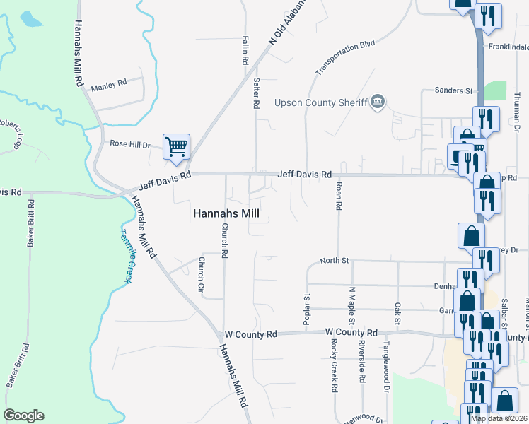 map of restaurants, bars, coffee shops, grocery stores, and more near 421 Jeff Davis Road in Thomaston